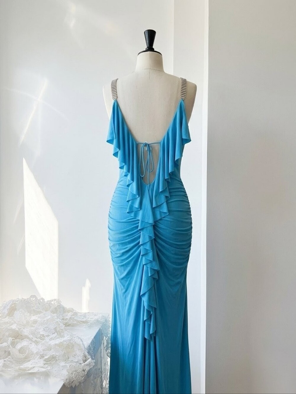 Cache Sky-Blue Ruffled Backless Evening Gown with Crystal Straps